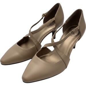 LifeStride Kamrie Pump Women 8M Taupe Beige Crisscross Ankle Strap Kitten Heel